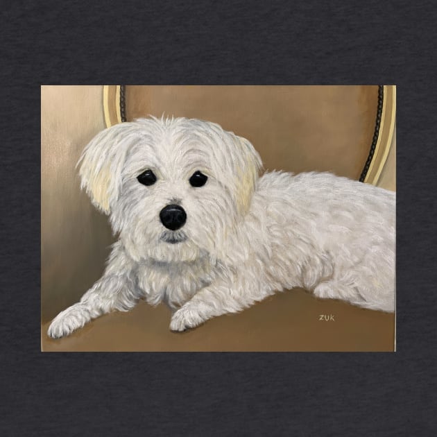 Maltese dog oil portrait. Little white dog with black button eyes and nose. by KarenZukArt